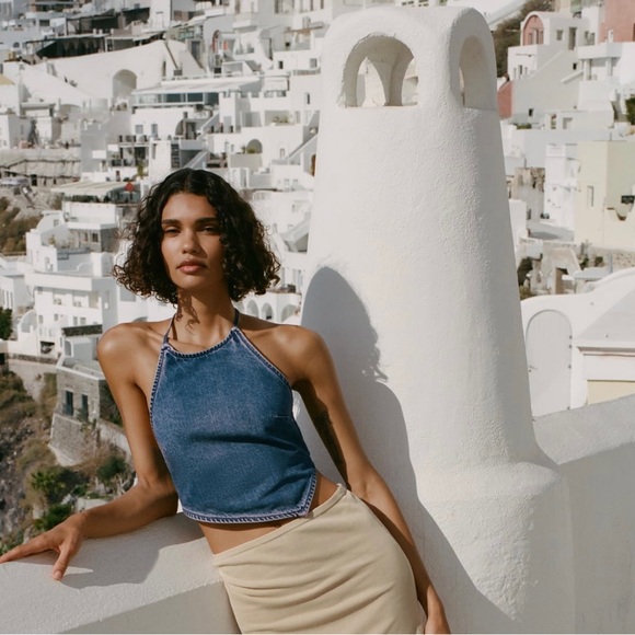 Zara CROP DENIM HALTER TOP - Picture 1 of 3